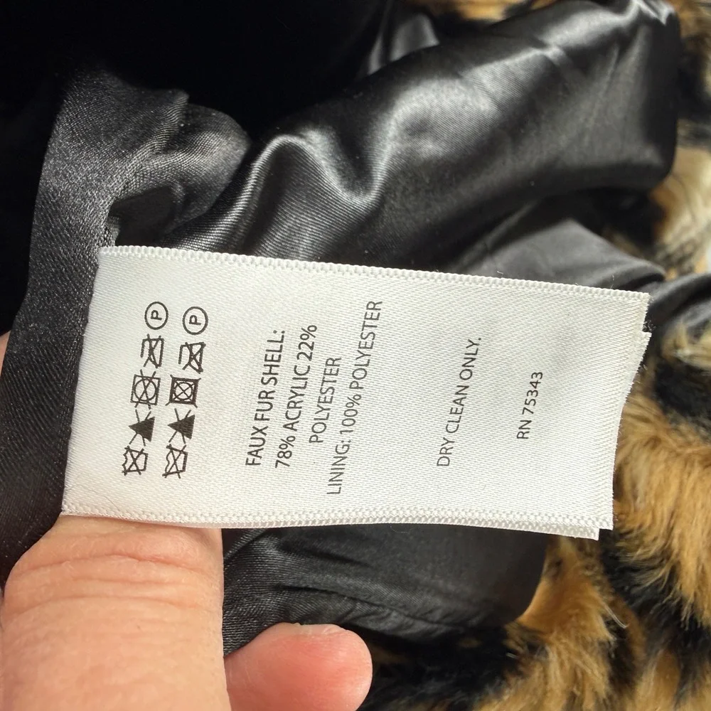 Leopard Print Faux Fur Longline Coat Womens Notched Collar Tan Black Animal